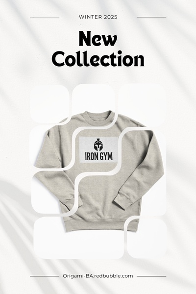 A high-contrast, minimalist product showcase for a branded sweatshirt featuring a geometric grid layout overlay on a clean white background.